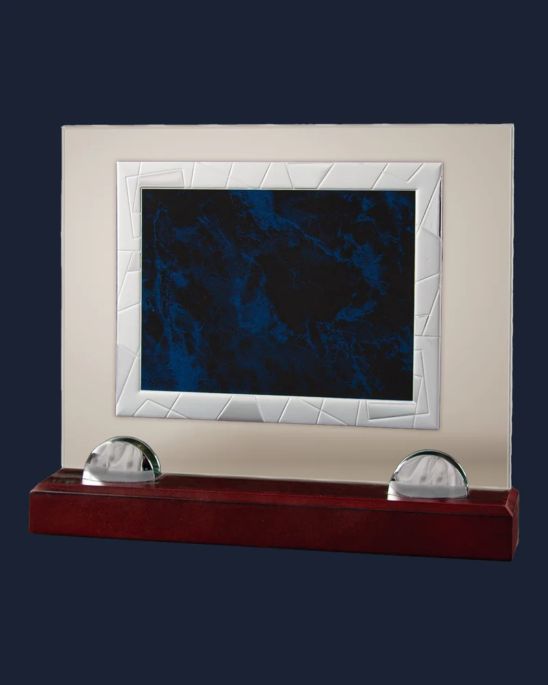 Placa Cristal con Mármol Azul y Base de Caoba