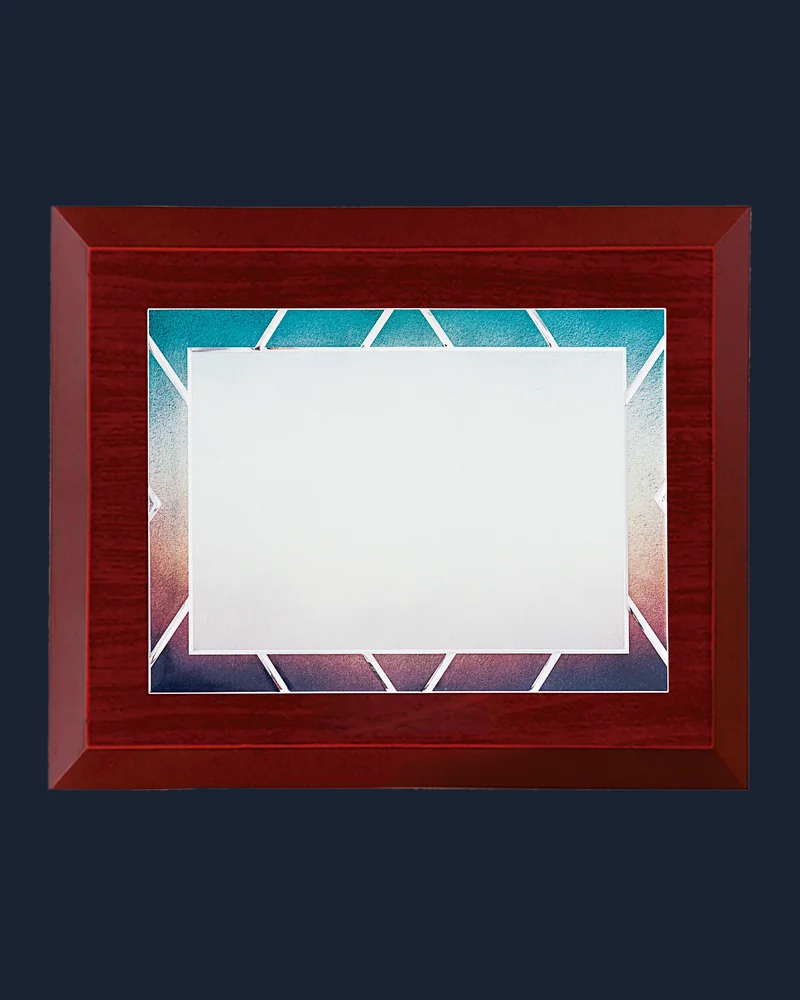 Placa Caoba con Cristal y Detalles Rojos